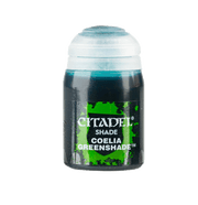 Citadel Shade Paint: Coelia Greenshade - Small black plastic paint pot with turquoise-green paint visible inside labeled Citadel Shade Coelia Greenshade.