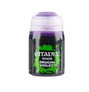 Citadel Shade Paint: Druchii Violet - Small clear paint pot with purple lid and green label reading Citadel Shade Druchii Violet.