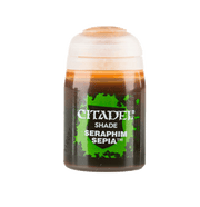Citadel Shade Paint: Seraphim Sepia - Citadel Shade paint pot in Seraphim Sepia with dark brown and beige label colors.