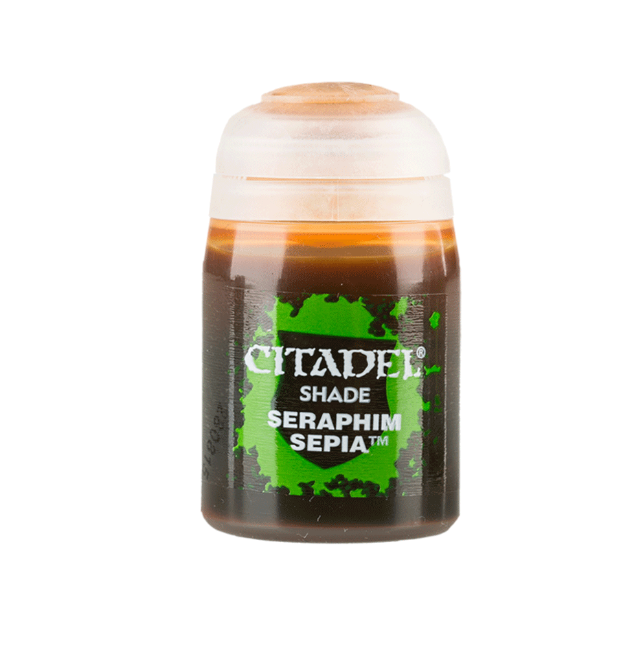 Citadel Shade Paint: Seraphim Sepia - Citadel Shade paint pot in Seraphim Sepia with dark brown and beige label colors.