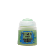Citadel Layer Paint: Skarsnik Green - Small plastic pot of Citadel Layer Paint in vibrant green with clear lid and blue label text.