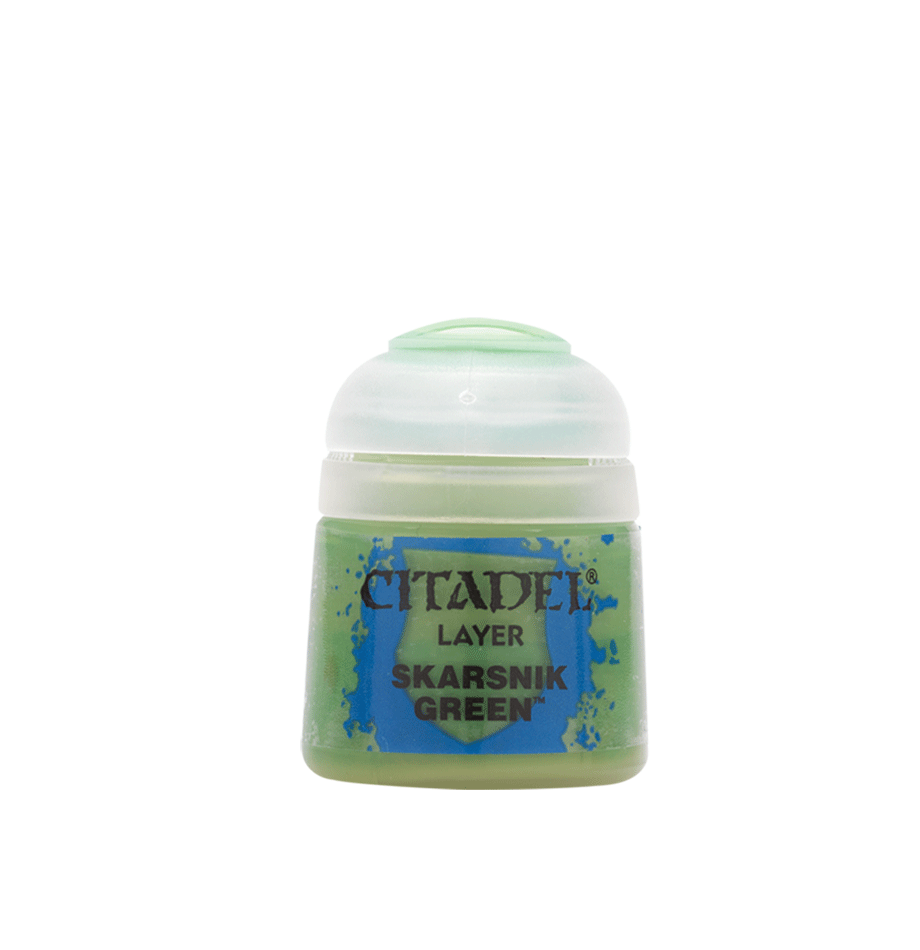 Citadel Layer Paint: Skarsnik Green - Small plastic pot of Citadel Layer Paint in vibrant green with clear lid and blue label text.