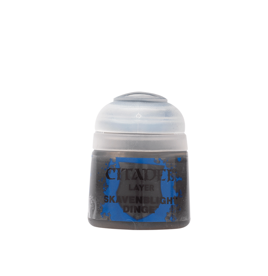 Citadel Layer Paint: Skavenblight Dinge - Citadel Layer Paint pot in dark gray labeled Skavenblight Dinge with clear plastic cap.