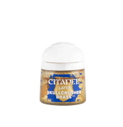 Citadel Layer Paint: Skullcrusher Brass - Small clear plastic pot of Citadel Layer Paint in metallic brass color with white flip-top lid and blue label.