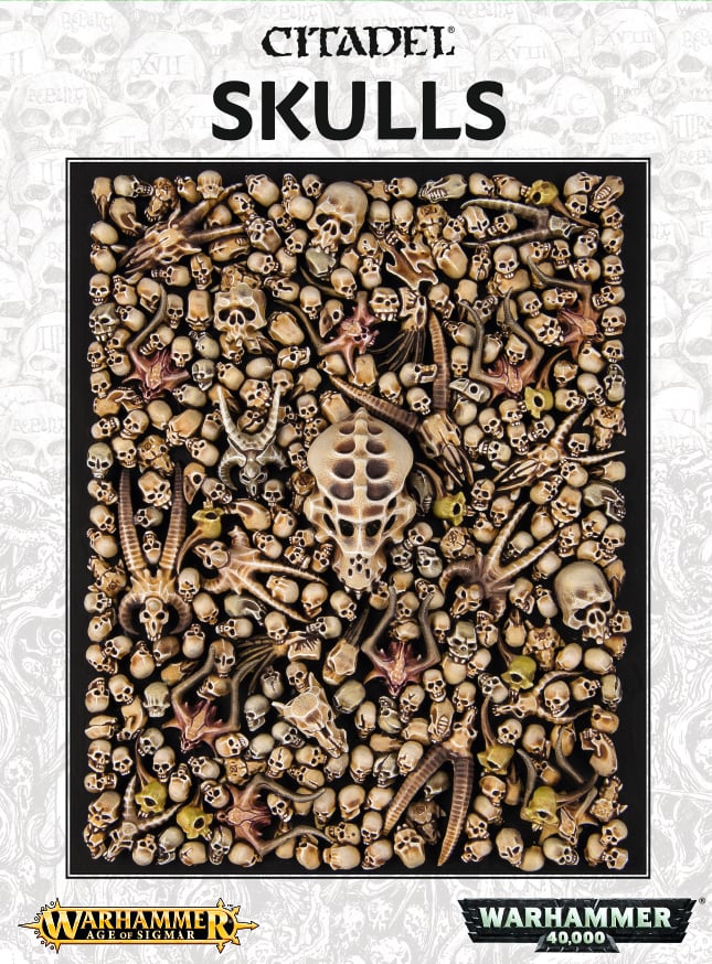 Citadel - Skulls - Assorted small beige plastic skulls, bones, and skeletal parts densely packed together.
