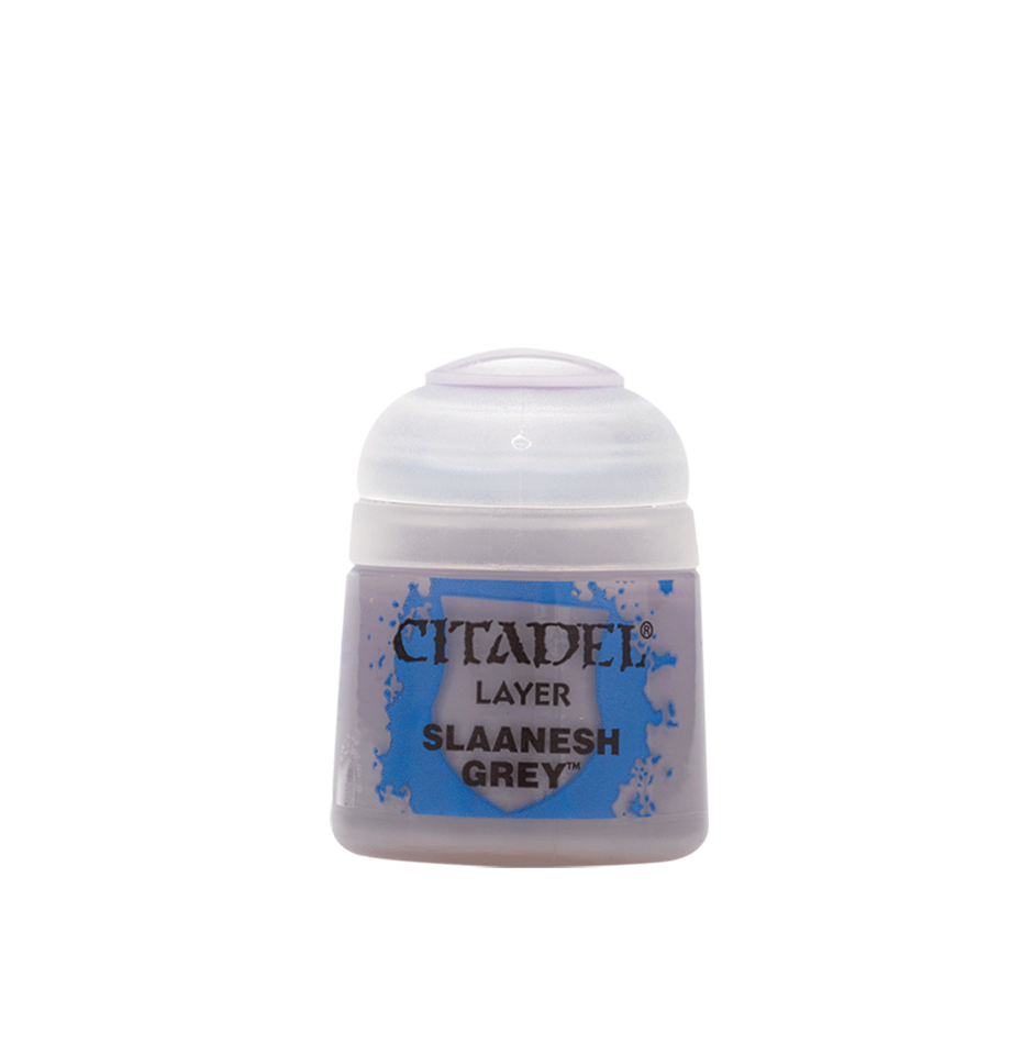 Citadel Layer Paint: Slaanesh Grey - Small plastic paint pot with grey paint labeled Citadel Layer Slaanesh Grey, designed for miniature painting.