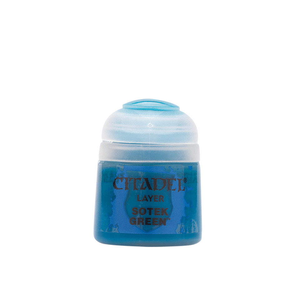 Citadel Layer Paint: Sotek Green - Small plastic pot of Citadel Layer Paint in vibrant Sotek Green with a clear flip-top lid.