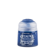 Citadel Technical Paint: Soulstone Blue - Small plastic pot of blue Citadel Technical Paint labeled Soulstone Blue with a rounded clear lid.