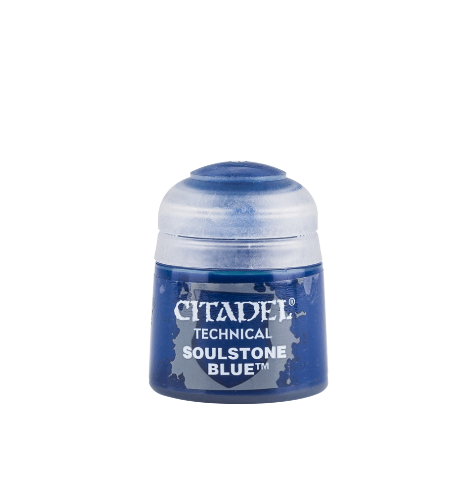 Citadel Technical Paint: Soulstone Blue - Small plastic pot of blue Citadel Technical Paint labeled Soulstone Blue with a rounded clear lid.