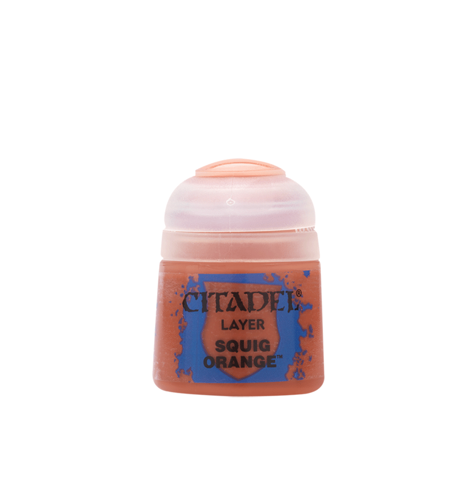 Citadel Layer Paint: Squig Orange - Small cylindrical pot of bright squig orange paint with a white screw-on lid and blue label text.