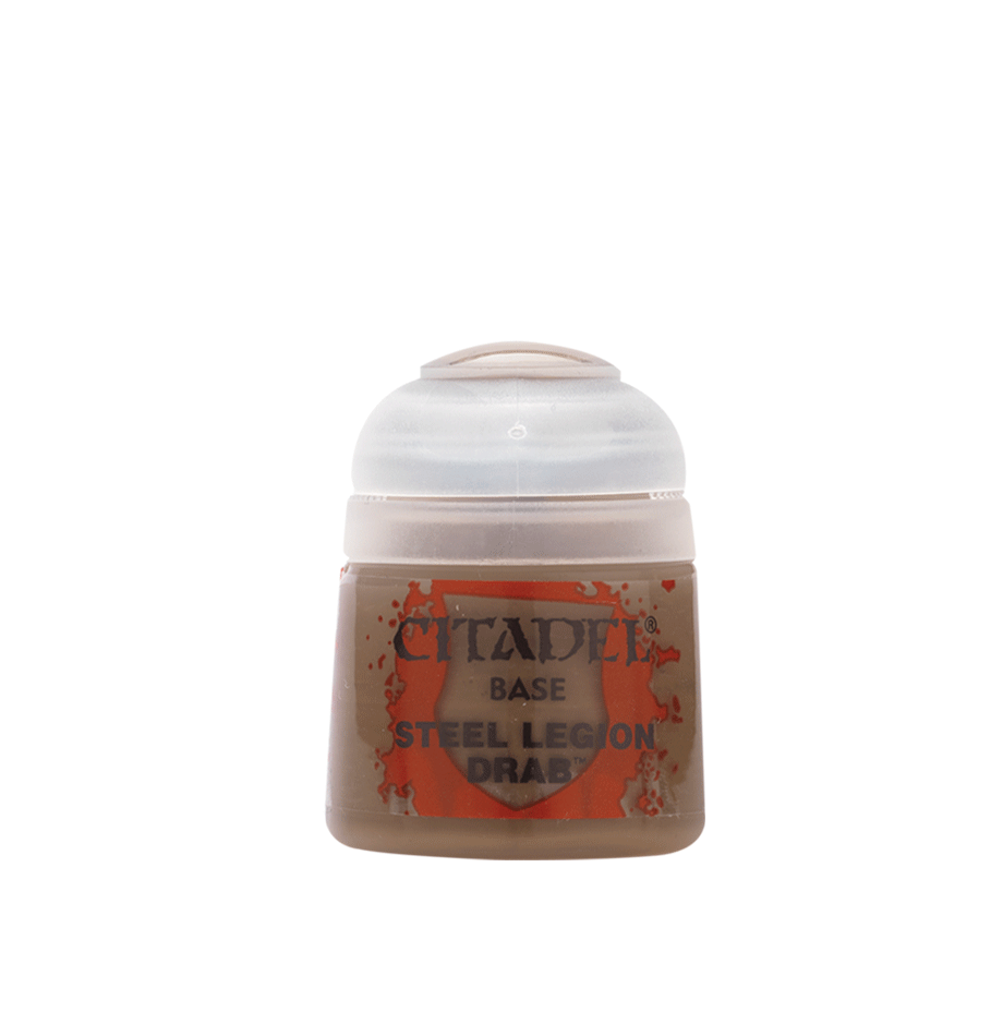 Citadel Base Paint: Steel Legion Drab - Small pot of Citadel Base Paint in steel legion drab color with a clear plastic lid.