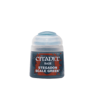 Citadel Base Paint: Stegadon Scale Green - Small pot of Citadel Base Paint in Stegadon Scale Green with dark label and white cap.