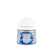 Citadel Layer Paint: Stormhost Silver - Small clear plastic pot of Citadel Layer Paint in metallic Stormhost Silver with white lid and blue label.