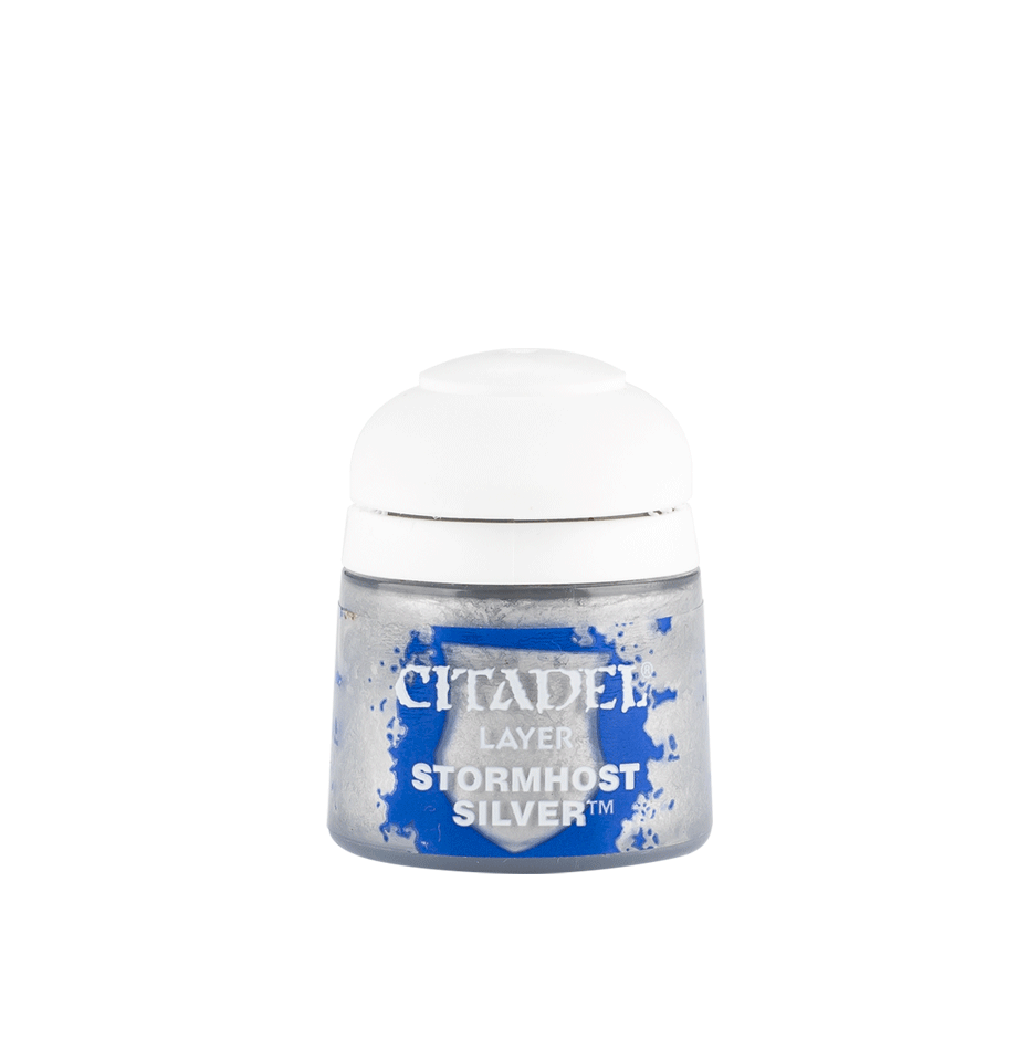 Citadel Layer Paint: Stormhost Silver - Small clear plastic pot of Citadel Layer Paint in metallic Stormhost Silver with white lid and blue label.