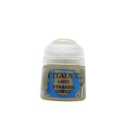 Citadel Layer Paint: Straken Green - Small clear plastic pot of Straken Green Citadel Layer acrylic paint with white flip-top lid and blue label text.