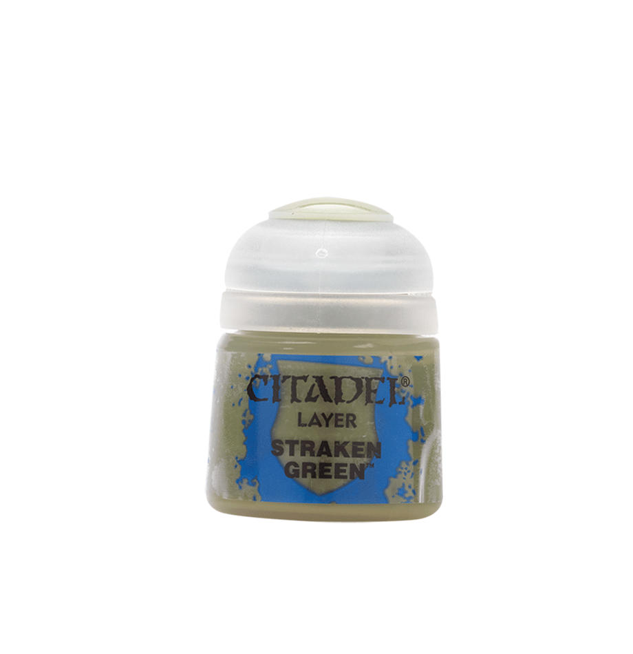 Citadel Layer Paint: Straken Green - Small clear plastic pot of Straken Green Citadel Layer acrylic paint with white flip-top lid and blue label text.