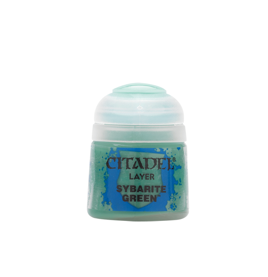 Citadel Layer Paint: Sybarite Green - Small Citadel Layer Paint pot labeled Sybarite Green with teal-green paint visible inside.