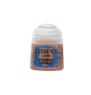 Citadel Layer Paint: Sycorax Bronze - Small cylindrical plastic pot of bronze-colored Citadel Layer Paint with clear flip-top lid and blue label showing product.