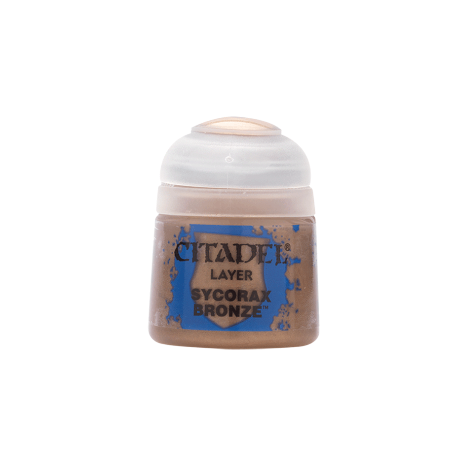 Citadel Layer Paint: Sycorax Bronze - Small cylindrical plastic pot of bronze-colored Citadel Layer Paint with clear flip-top lid and blue label showing product.
