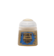 Citadel Layer Paint: Tallarn Sand - Small clear plastic pot of Citadel Layer Paint in sandy beige color labeled Tallarn Sand with black text and blue decorative