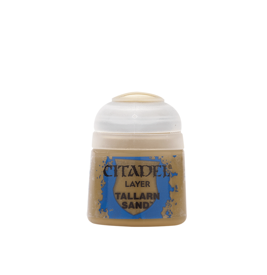 Citadel Layer Paint: Tallarn Sand - Small clear plastic pot of Citadel Layer Paint in sandy beige color labeled Tallarn Sand with black text and blue decorative