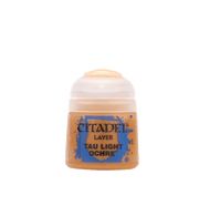 Citadel Layer Paint: Tau Light Ochre - Small plastic pot of Citadel Layer Paint in Tau Light Ochre color with blue logo and text.