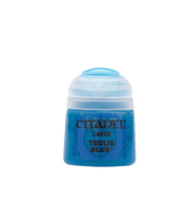 Citadel Layer Paint: Teclis Blue - Small transparent paint pot filled with vibrant teal-blue Citadel layer paint labeled Teclis Blue.