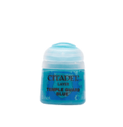 Citadel Layer Paint: Temple Guard Blue - Small clear plastic pot of bright blue Citadel Layer paint labeled Temple Guard Blue.