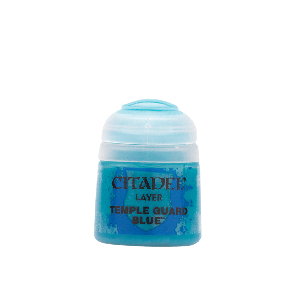 Citadel Layer Paint: Temple Guard Blue - Small clear plastic pot of bright blue Citadel Layer paint labeled Temple Guard Blue.