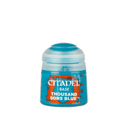 Citadel Base Paint: Thousand Sons Blue - Small plastic pot of Citadel Base paint in vibrant Thousand Sons Blue with a clear snap-on lid.