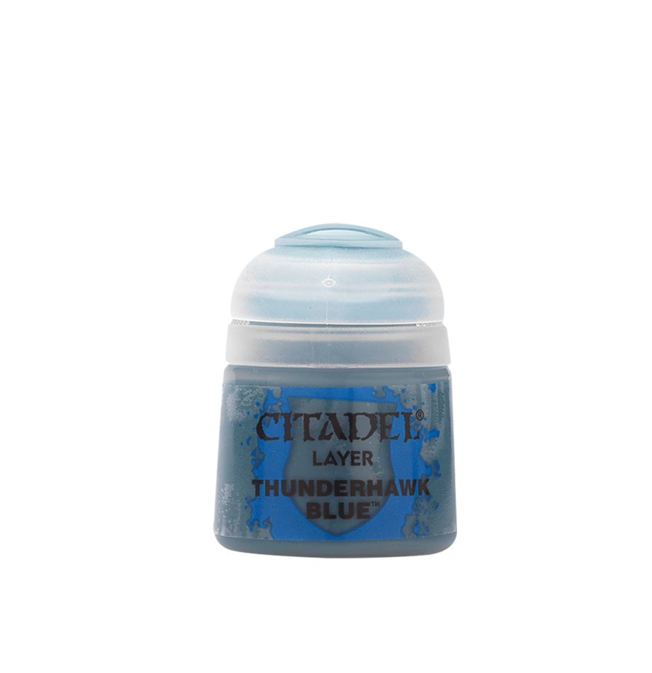 Citadel Layer Paint: Thunderhawk Blue - Small clear plastic pot of Citadel Layer Paint in vibrant Thunderhawk Blue with black and blue label text.