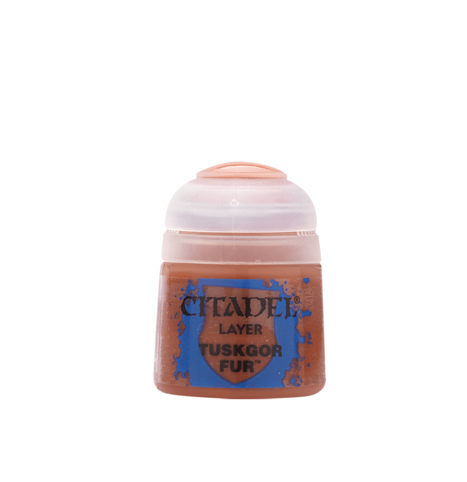 Citadel Layer Paint: Tuskgor Fur - Small Citadel Layer Paint pot labeled Tuskgor Fur with brown paint visible inside translucent container.
