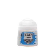 Citadel Layer Paint: Ulthuan Grey - Small pot of Citadel Layer Paint in light grey with clear plastic lid and blue label accents.