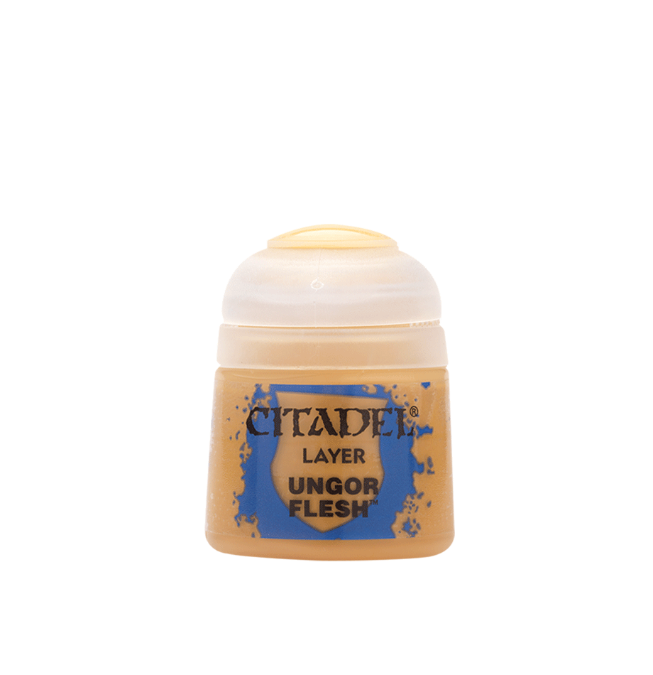 Citadel Layer Paint: Ungor Flesh - Small clear plastic pot of Citadel Layer Paint in pale flesh tone, labeled Ungor Flesh with blue and black text.