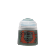 Citadel Base Paint: Waaagh! Flesh - Small round Citadel Base Paint pot with grey cap labeled Waaagh! Flesh in muted green container.