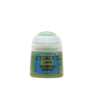 Citadel Layer Paint: Warboss Green - Small pot of Citadel Layer Paint in Warboss Green with a rounded white lid and blue decorative text on the label.