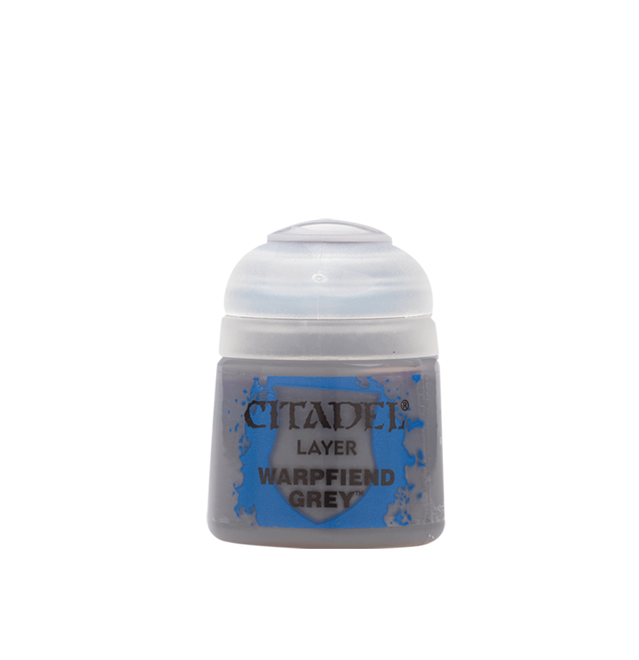 Citadel Layer Paint: Warpfiend Grey - Small round plastic paint pot with grey lid and label reading "Citadel Layer Warpfiend Grey" containing grey acrylic paint.
