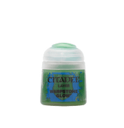 Citadel Layer Paint: Warpstone Glow - Small clear plastic pot of bright green Citadel Layer Paint labeled Warpstone Glow with a rounded lid.