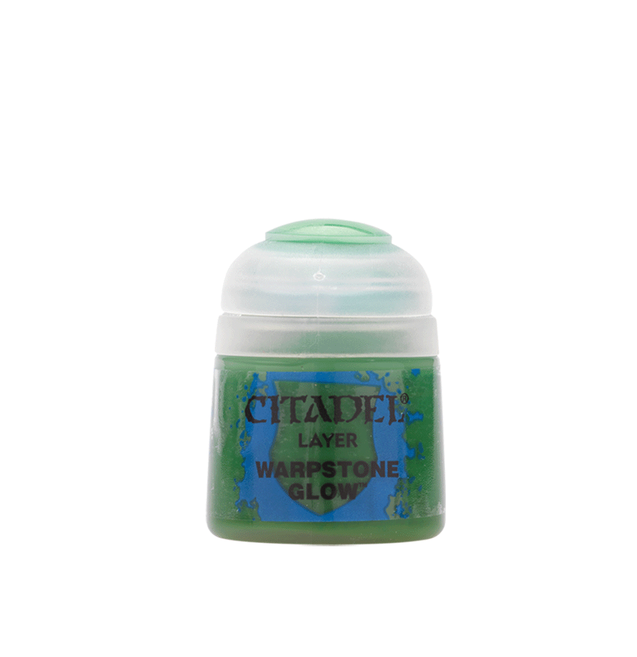 Citadel Layer Paint: Warpstone Glow - Small clear plastic pot of bright green Citadel Layer Paint labeled Warpstone Glow with a rounded lid.