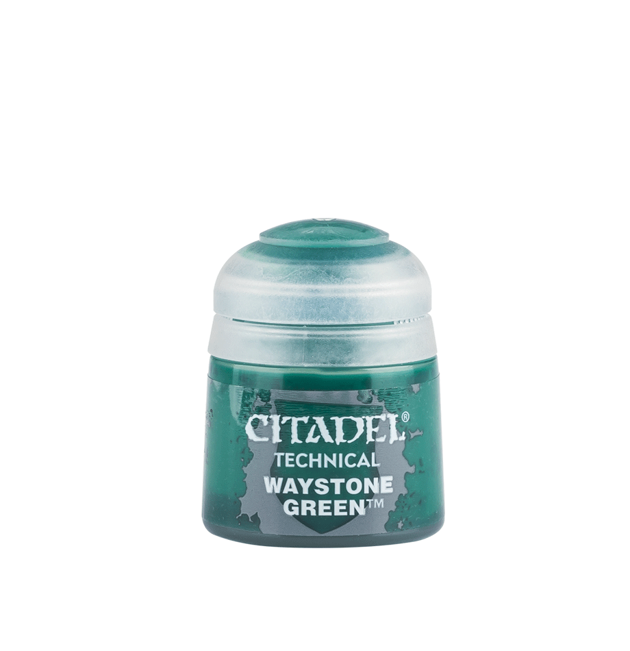 Citadel Technical Paint: Waystone Green - Small translucent plastic pot of Citadel Technical Paint in deep matte green labeled Waystone Green with white text.