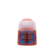 Citadel Layer Paint: Wazdakka Red - Small round plastic pot of Citadel Layer Paint in vibrant Wazdakka Red with a clear snap-on lid.