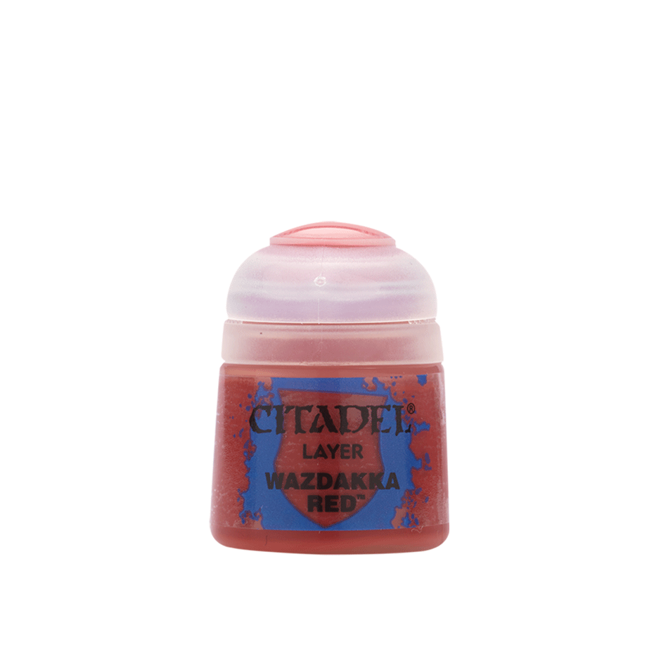 Citadel Layer Paint: Wazdakka Red - Small round plastic pot of Citadel Layer Paint in vibrant Wazdakka Red with a clear snap-on lid.
