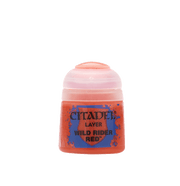 Citadel Layer Paint: Wild Rider Red - Small clear plastic pot of Citadel Layer Paint in vibrant Wild Rider Red with blue label and black text.