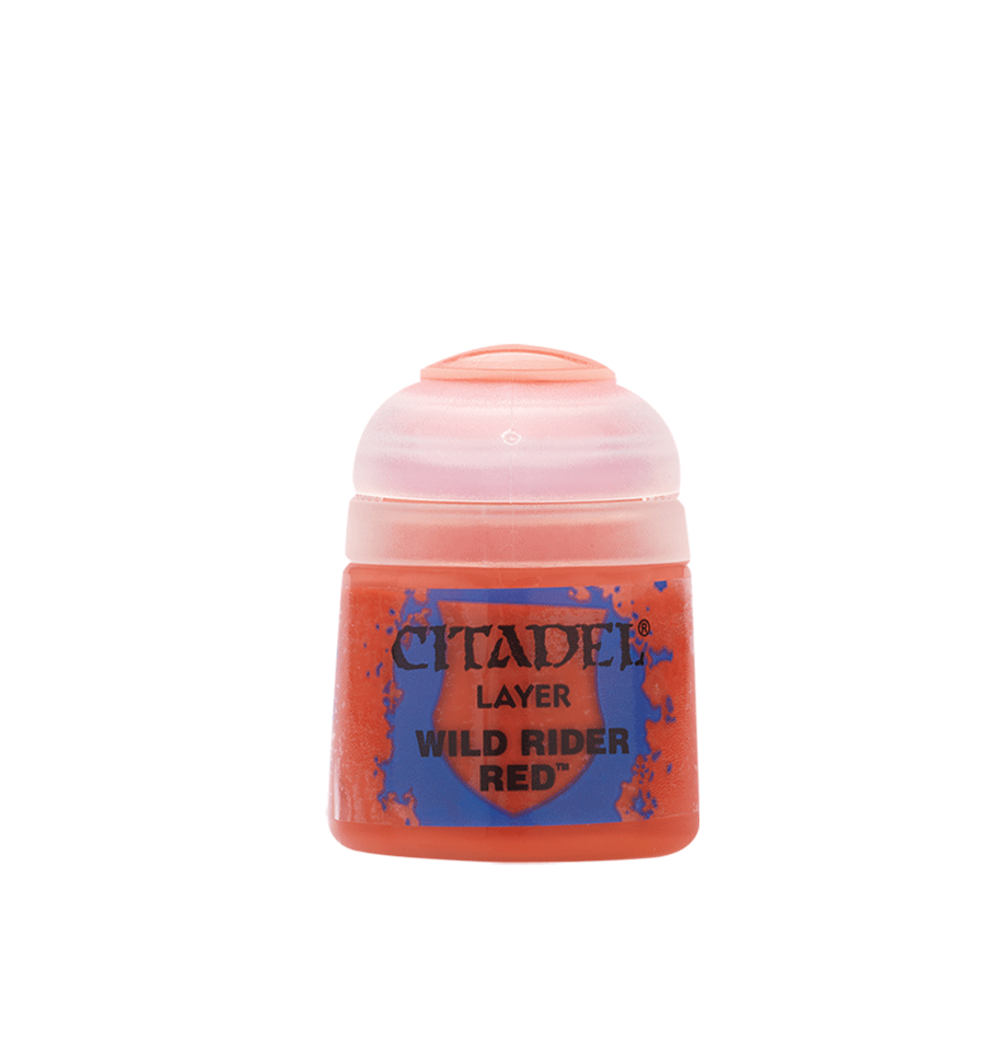 Citadel Layer Paint: Wild Rider Red - Small clear plastic pot of Citadel Layer Paint in vibrant Wild Rider Red with blue label and black text.