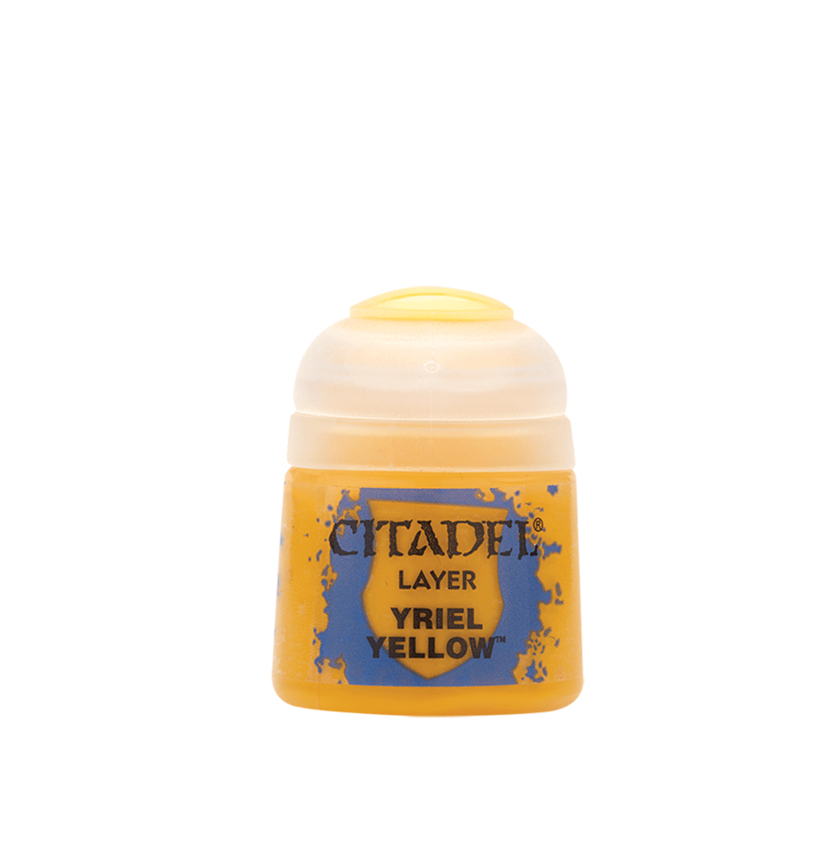 Citadel Layer Paint: Yriel Yellow - Small plastic pot of Citadel Layer Paint in bright Yriel Yellow with black text label.