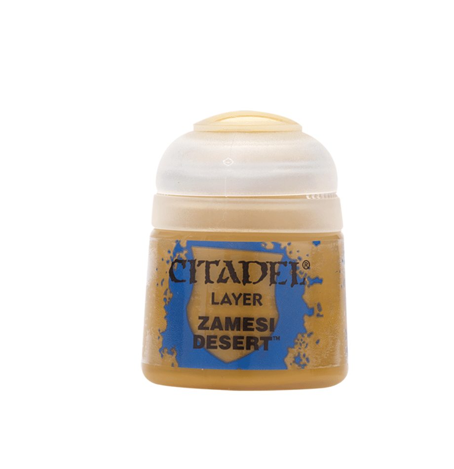 Citadel Layer Paint: Zamesi Desert - Small plastic paint pot with beige tan paint labeled Citadel Layer Zamesi Desert.