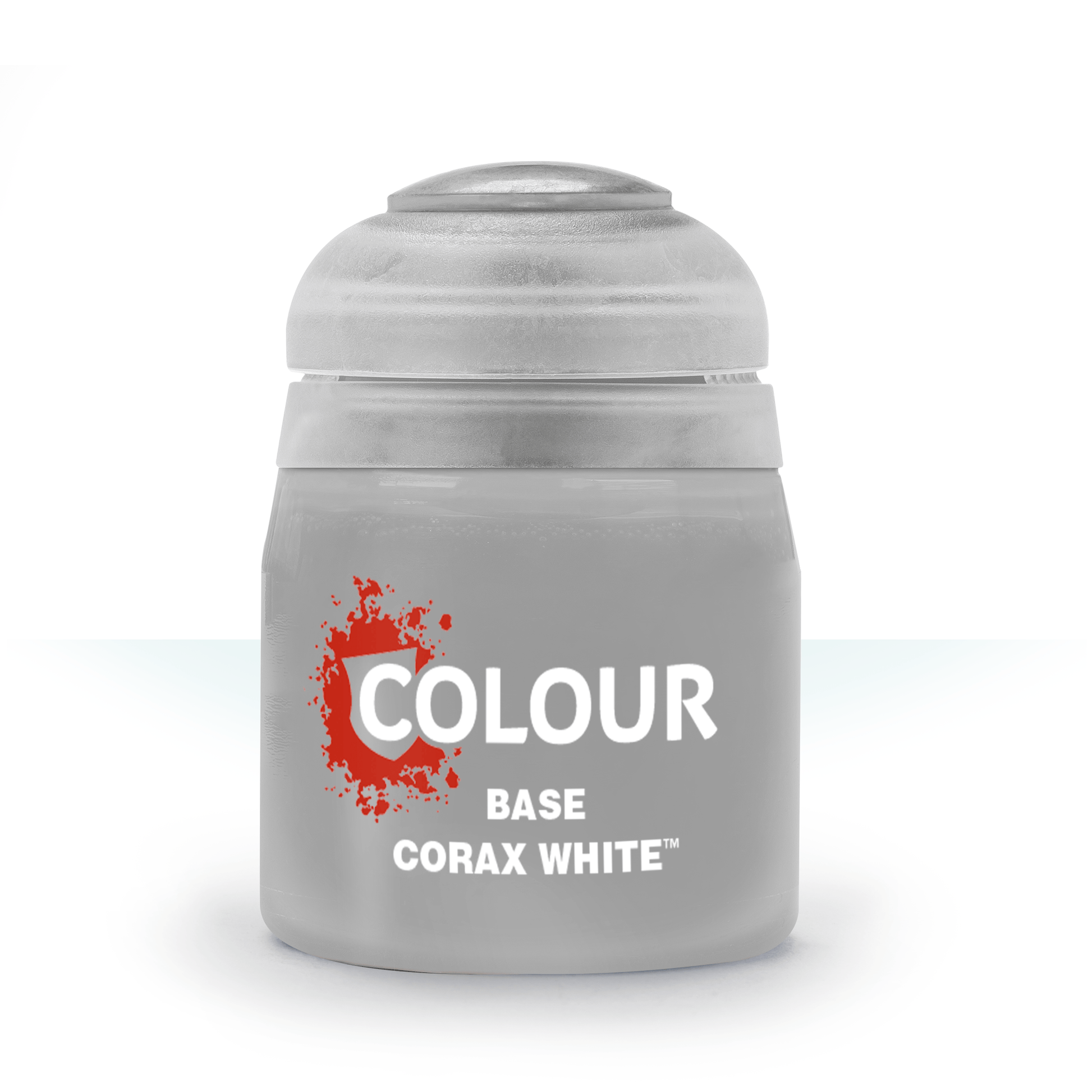 Citadel Base Paint: Corax White - Small gray plastic jar with a rounded lid labeled "Colour Base Corax White" and red paint splatter graphic.