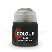 Citadel Base Paint: Corvus Black - Matte black acrylic paint pot with white lid and bold white and red label reading "Colour Base Corvus Black".