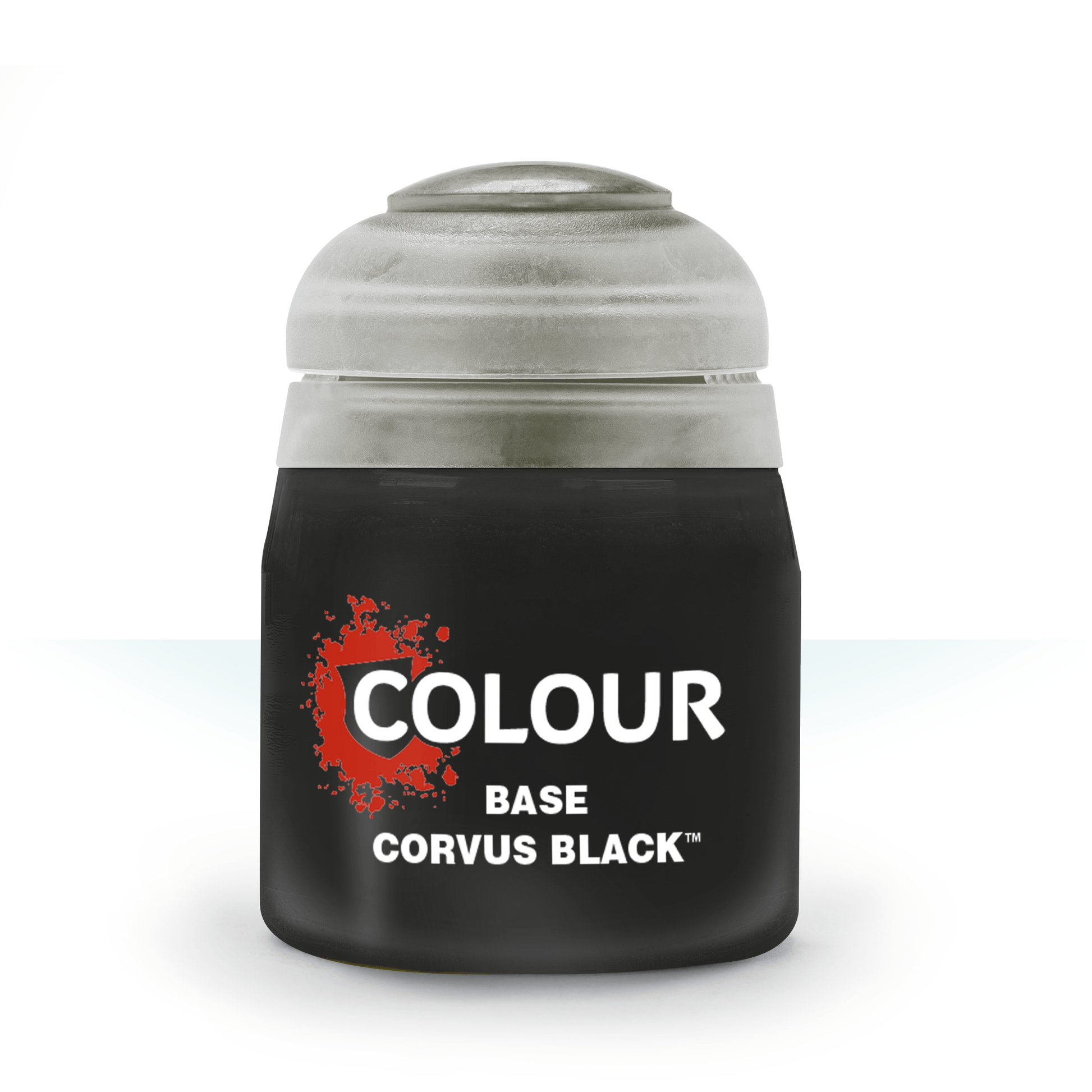 Citadel Base Paint: Corvus Black - Matte black acrylic paint pot with white lid and bold white and red label reading "Colour Base Corvus Black".