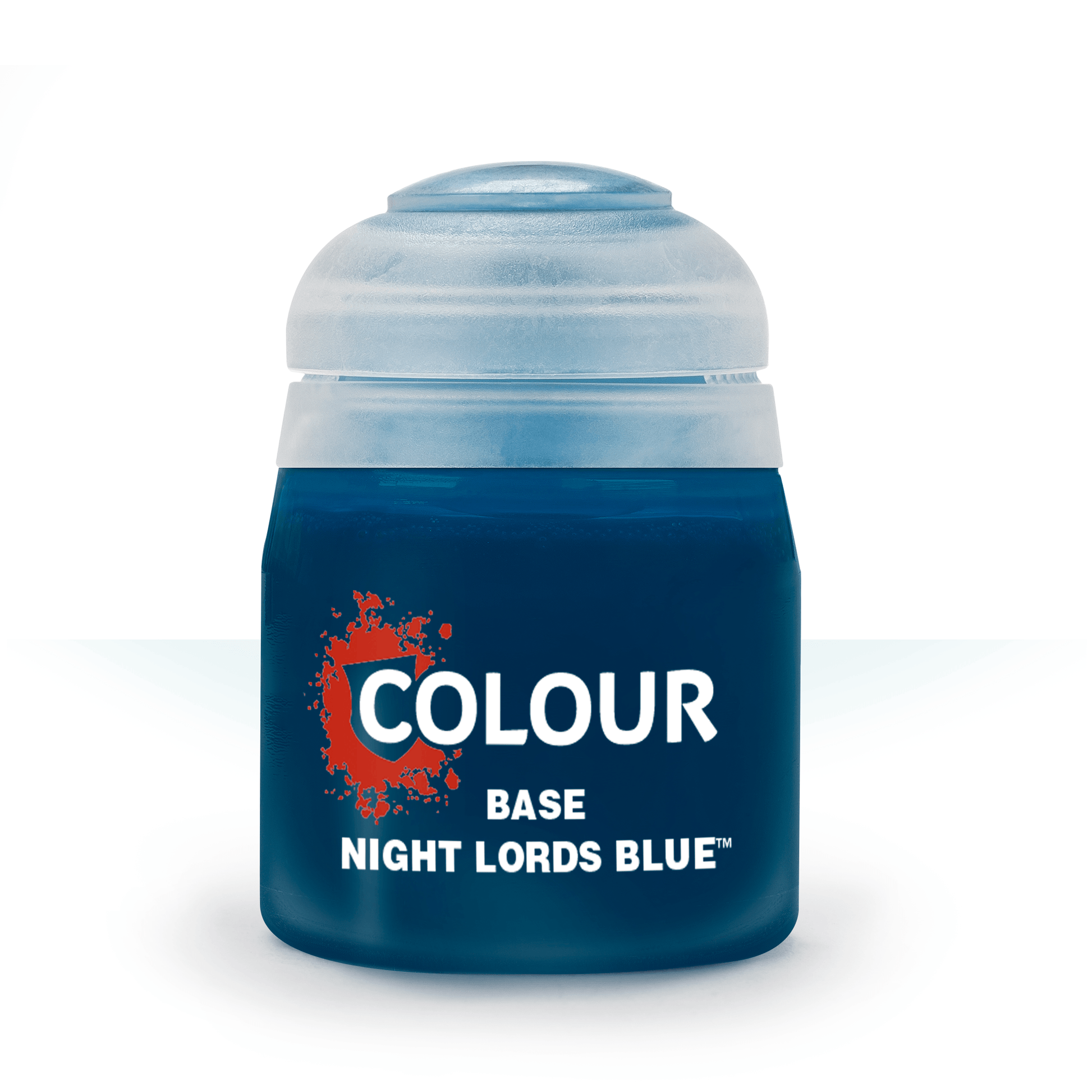 Citadel Base Paint: Night Lords Blue - Small round plastic paint pot with dark blue label and translucent gray lid, labeled Night Lords Blue base paint.